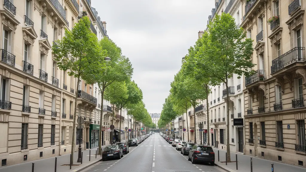 Rue parisienne calme avec immeubles de standing et arbres dans un quartier premium