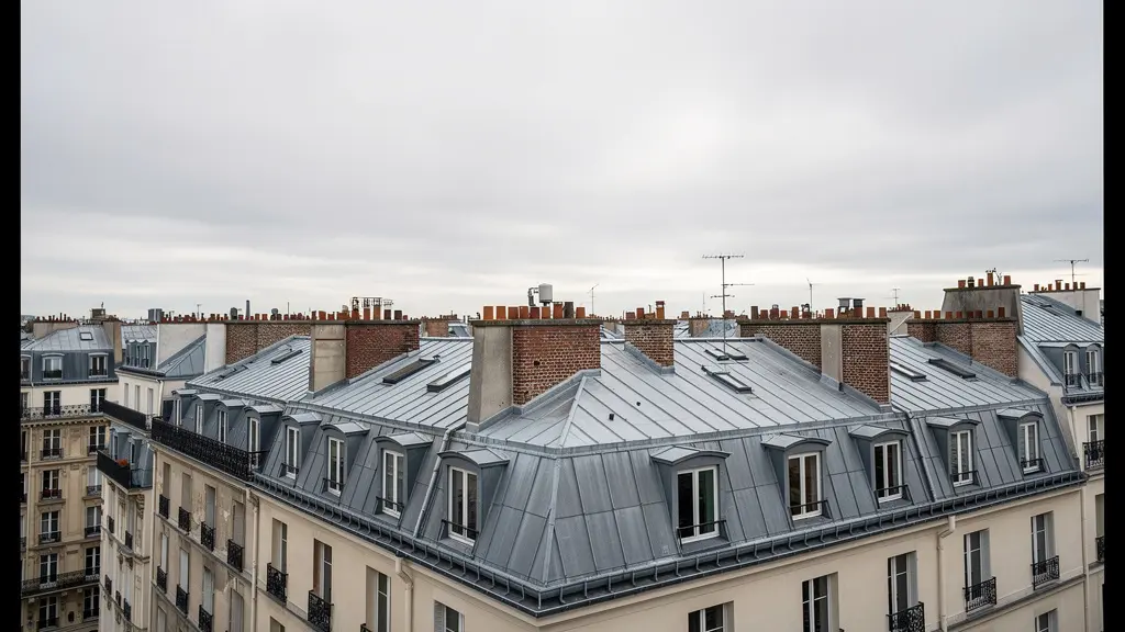 Vue panoramique des toits parisiens en zinc avec cheminées typiques